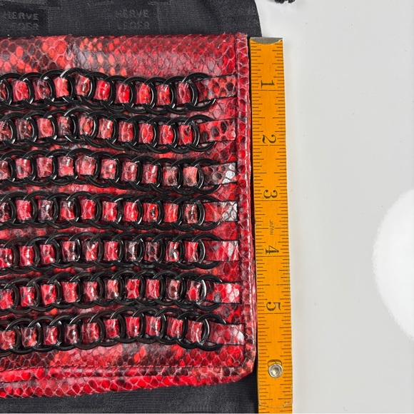 Herve Leger Red Leather Snakeskin Print & Metal Rings Fold Over Clutch Bag